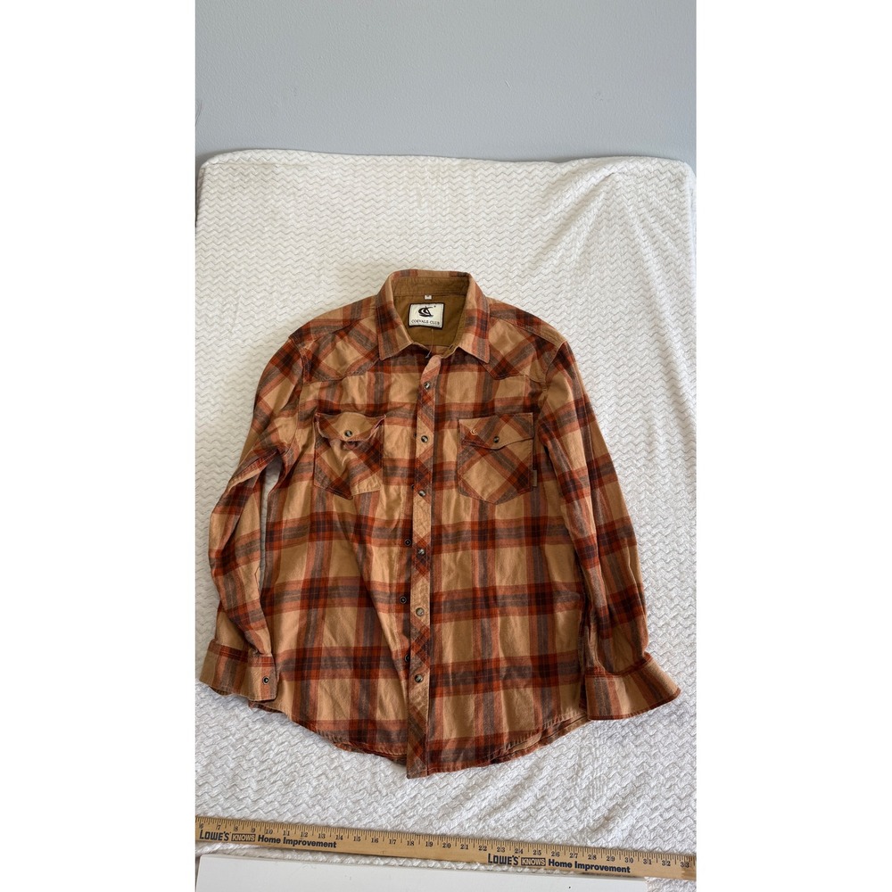 Coevals Club Mens Medium Orange Brown Plaid Western Flannel Snap Shirt 4509